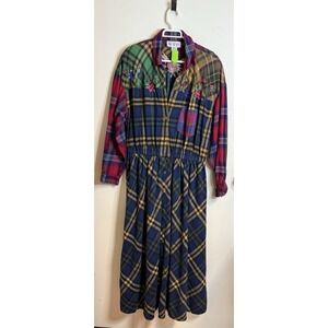 VTG Together Plaid Patchwork Long-sleeve Floral Embroidery Flannel Dress Sz 20W